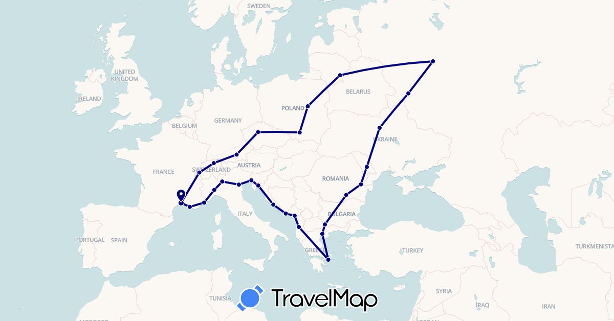 TravelMap itinerary: driving in Albania, Bulgaria, Switzerland, Czech Republic, Germany, France, Greece, Croatia, Italy, Lithuania, Moldova, Montenegro, Poland, Romania, Russia, Ukraine (Europe)
